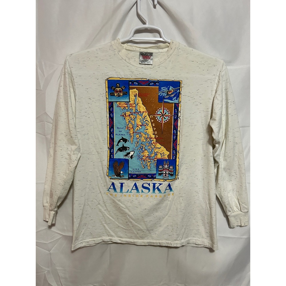 Vintage 90s Alaska Tee Oneita USA Single‎ Stitch Speckled Graphic M Made in USA